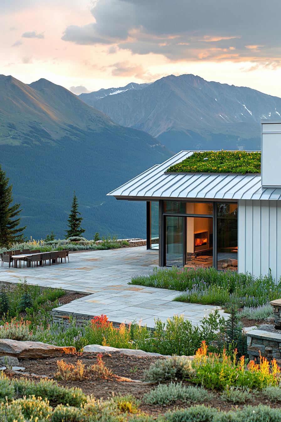 modern mountain house with white corrugated metal cladding green living roof large stone paved patio stunning American mountains in the background 1