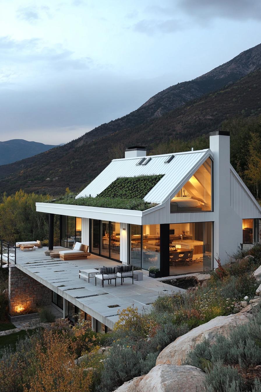 modern mountain house with white corrugated metal cladding green living roof large stone paved patio stunning American mountains in the background 2