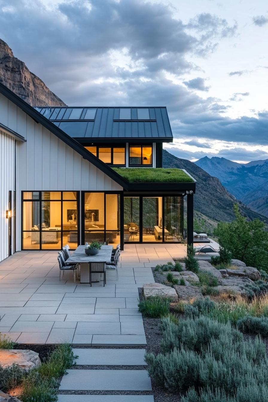 modern mountain house with white corrugated metal cladding green living roof large stone paved patio stunning American mountains in the background 3