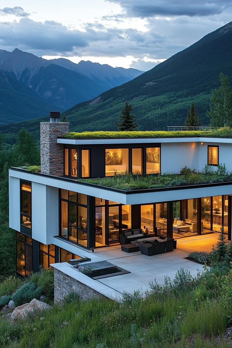 modern mountain house with white corrugated metal cladding green living roof large stone paved patio stunning American mountains in the background