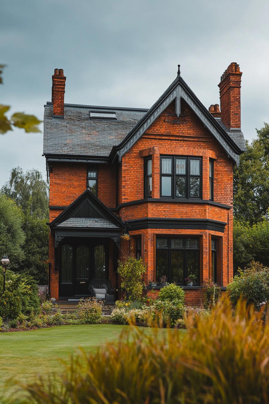 modern neo Victorian style house brick facade with metallic finish English countryside fields 2