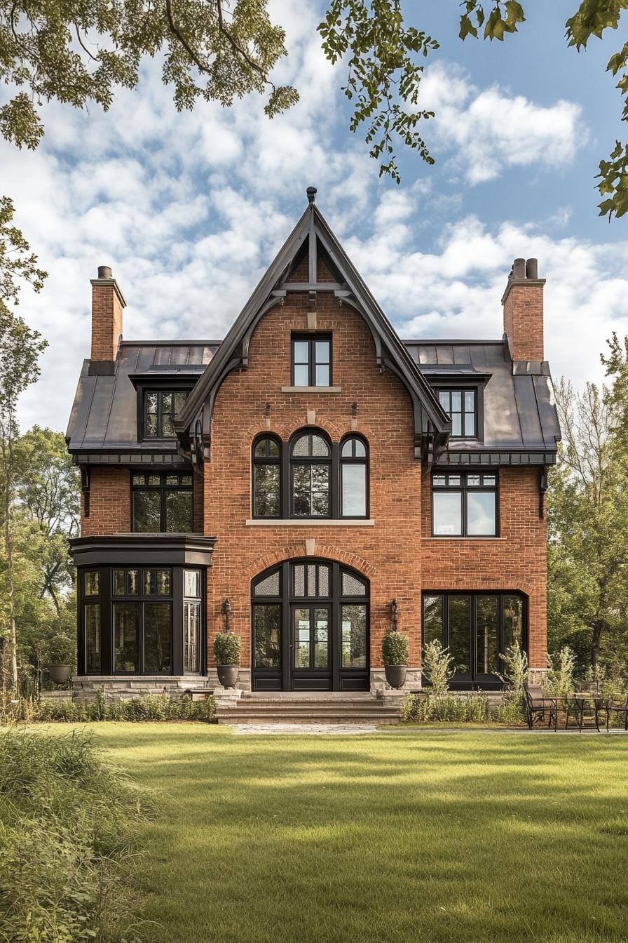 modern neo Victorian style house brick facade with metallic finish English countryside fields