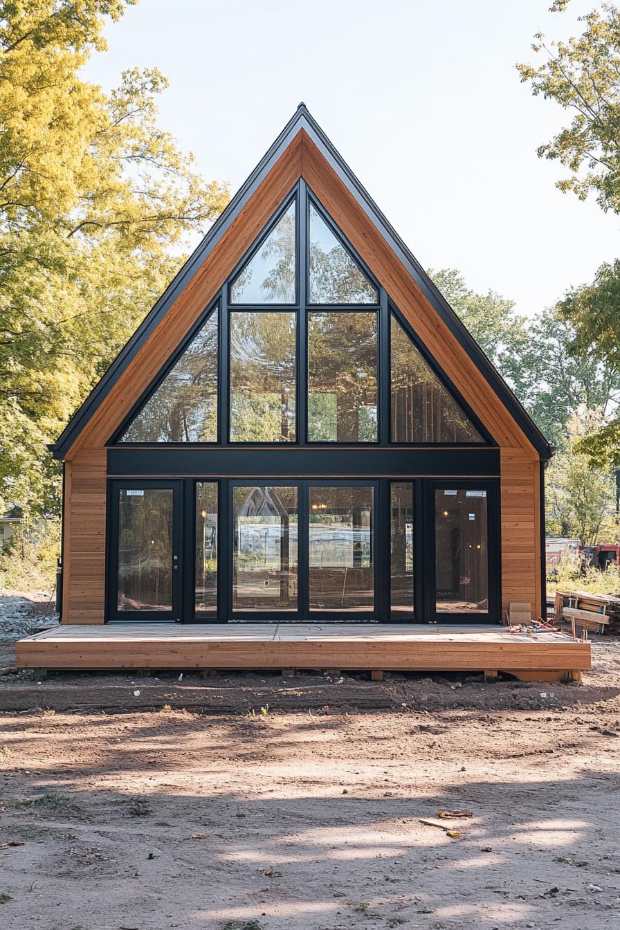 modern prefab small house facade with natural wood siding a frame roof large glass windows new construction site 1