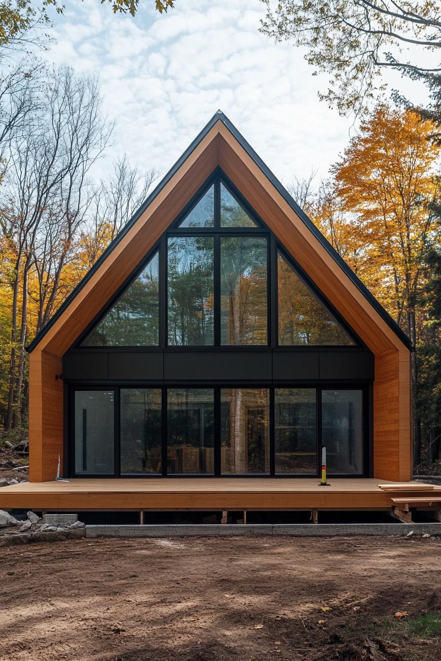 modern prefab small house facade with natural wood siding a frame roof large glass windows new construction site 2