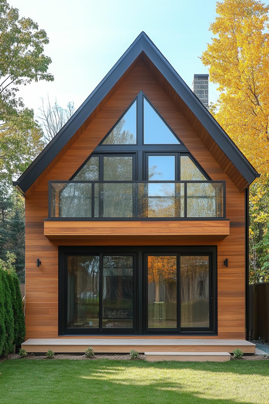 modern prefab small house facade with natural wood siding a frame roof large glass windows new construction site 3