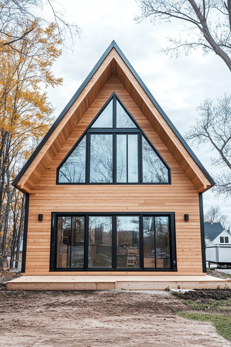 modern prefab small house facade with natural wood siding a frame roof large glass windows new construction site