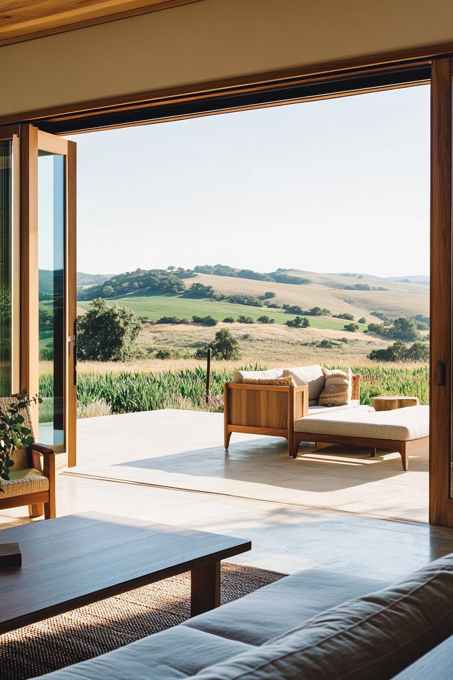 modern ranch house indoor outdoor terrace with glass doors overlooking green valley farm fields 1