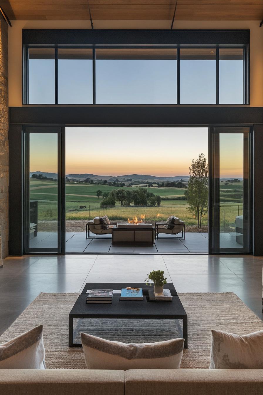 modern ranch house indoor outdoor terrace with glass doors overlooking green valley farm fields