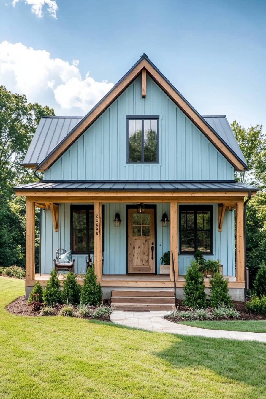 modern rustic small barn home with board and batten baby blue siding natural wood stain trim porch with beams and steps lawn with shrubs 1