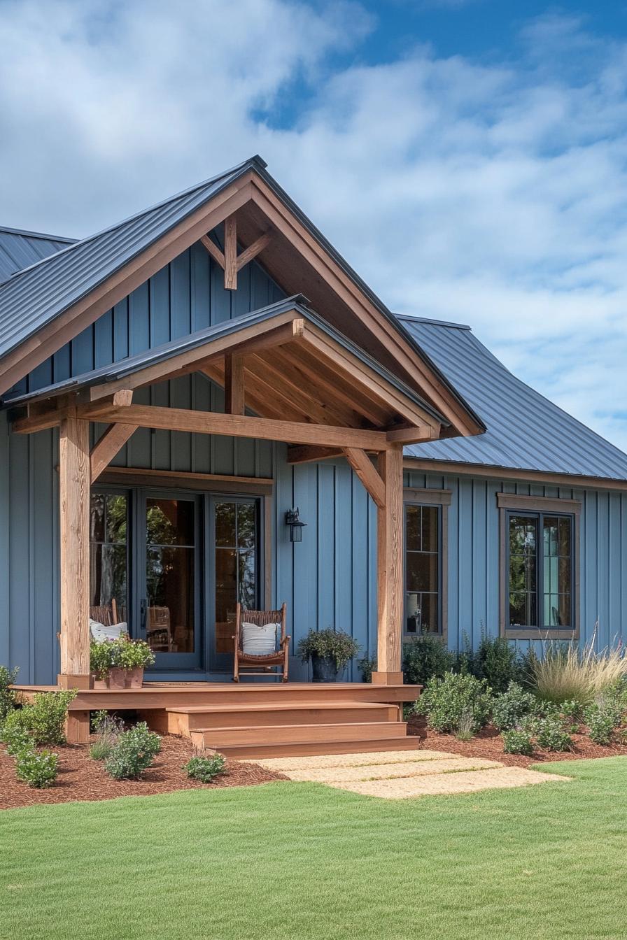 modern rustic small barn home with board and batten baby blue siding natural wood stain trim porch with beams and steps lawn with shrubs