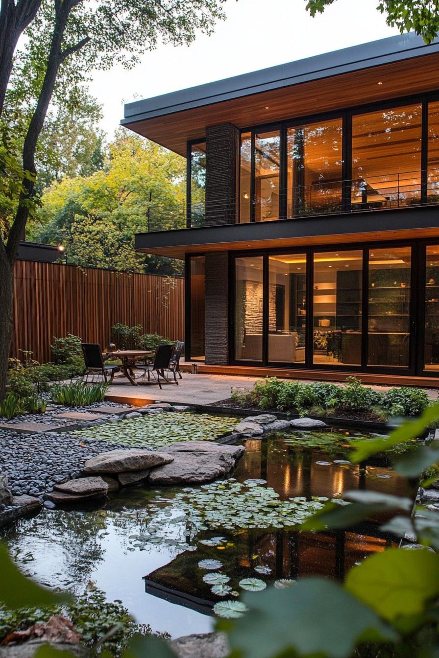 modern steal and wood facade dream house courtyard lush garden with a pond 2