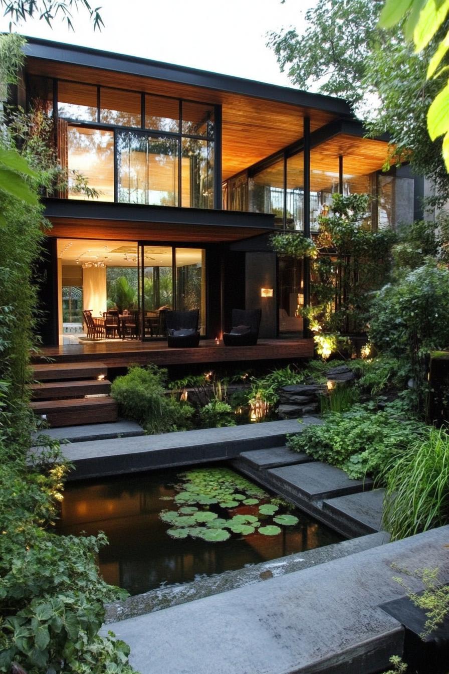 modern steal and wood facade dream house courtyard lush garden with a pond 3