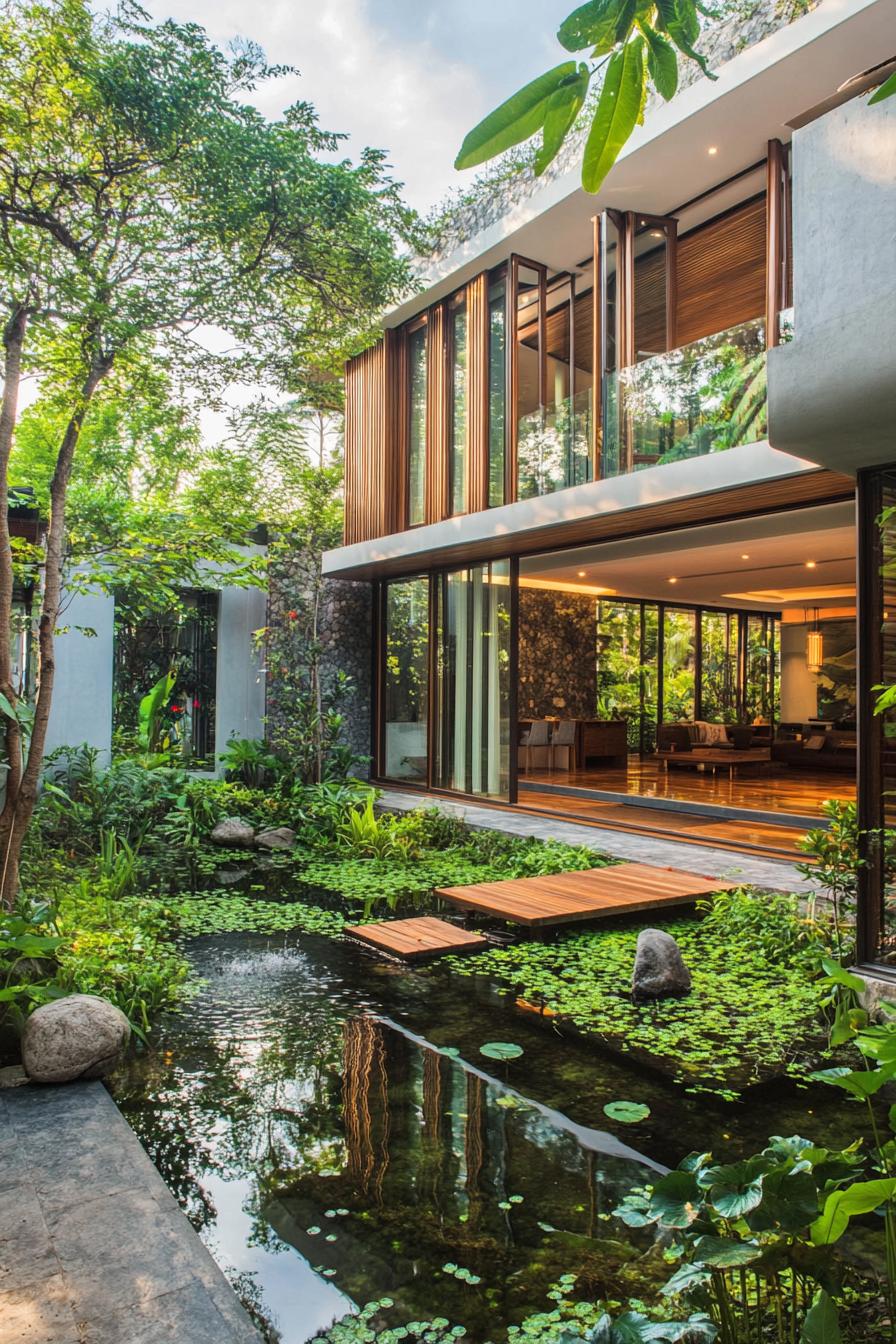 modern steal and wood facade dream house courtyard lush garden with a pond