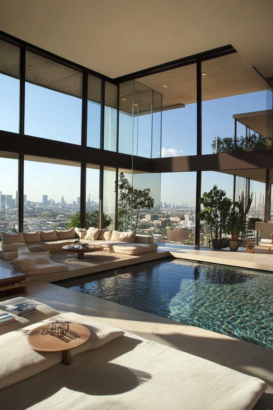 modern sunken living room interior with large windows overlooking a pool with city skyline view outside 1