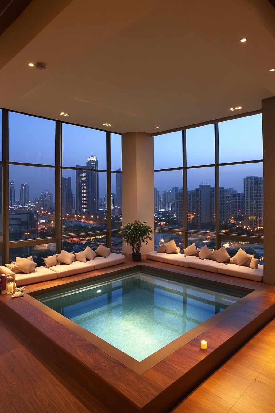 modern sunken living room interior with large windows overlooking a pool with city skyline view outside 2