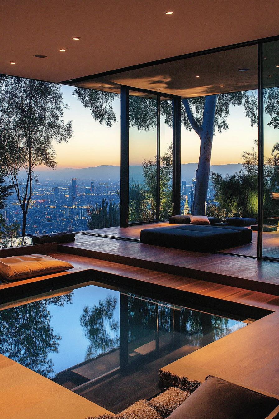 modern sunken living room interior with large windows overlooking a pool with city skyline view outside