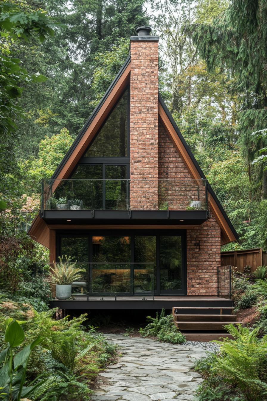 modern tiny a frame cabin with cedar shingle roof brick chimney full wall windows balcony with glass railings small deck stone step forest path 1