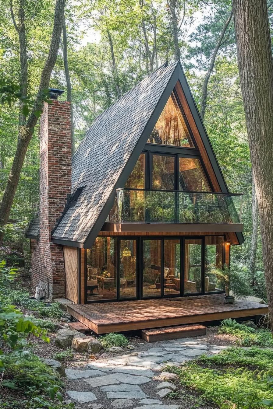 modern tiny a frame cabin with cedar shingle roof brick chimney full wall windows balcony with glass railings small deck stone step forest path