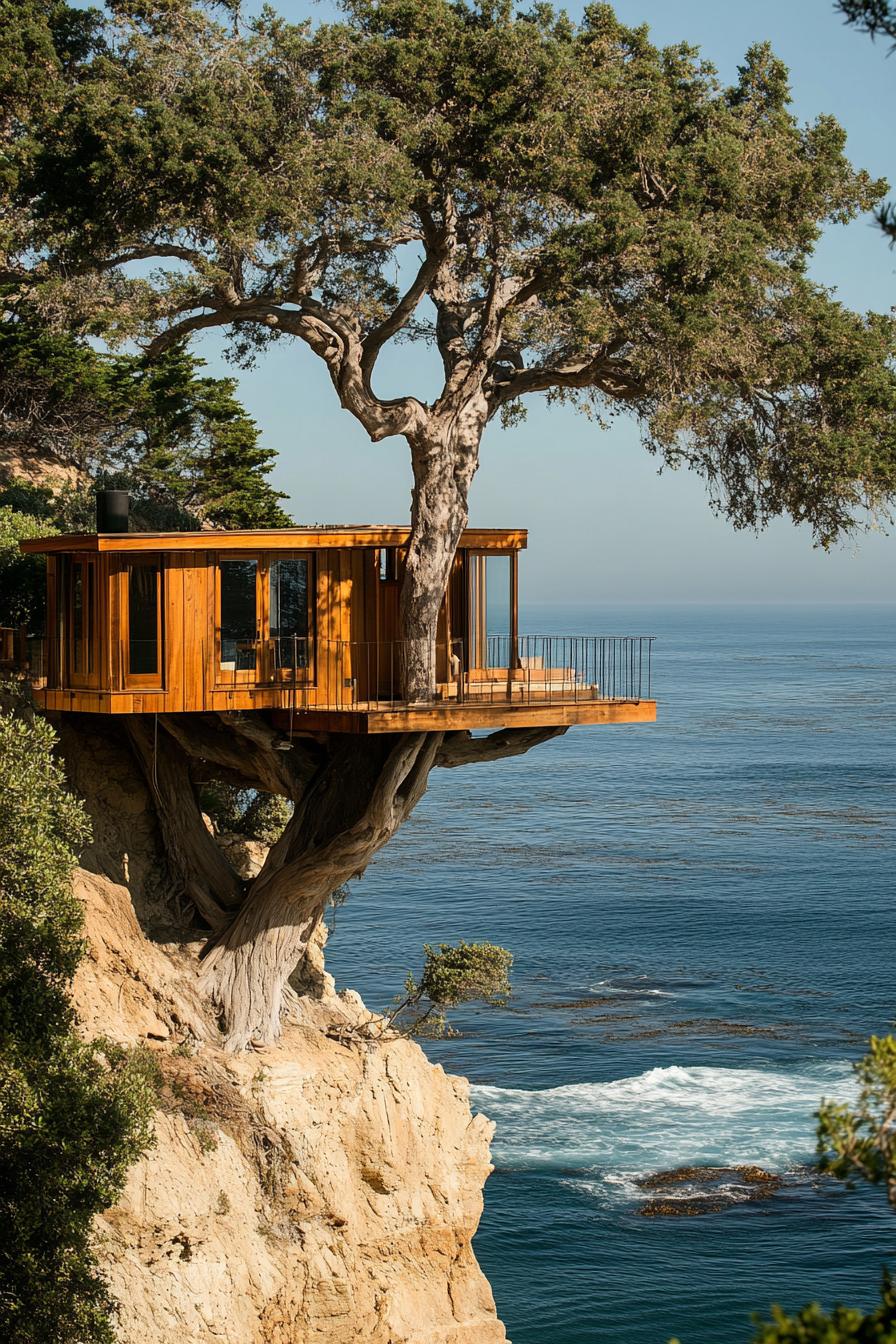 modern treehouse built in a large old tree on a cliff oceanside