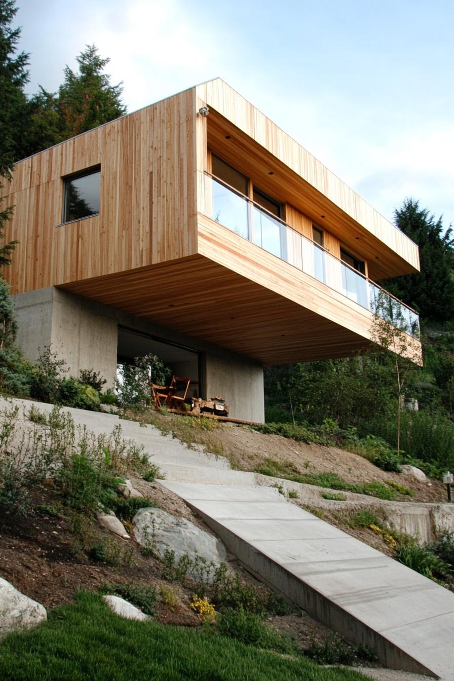 modern wood knotty pine wood house facade cantilevered hillside long narrow facade 2