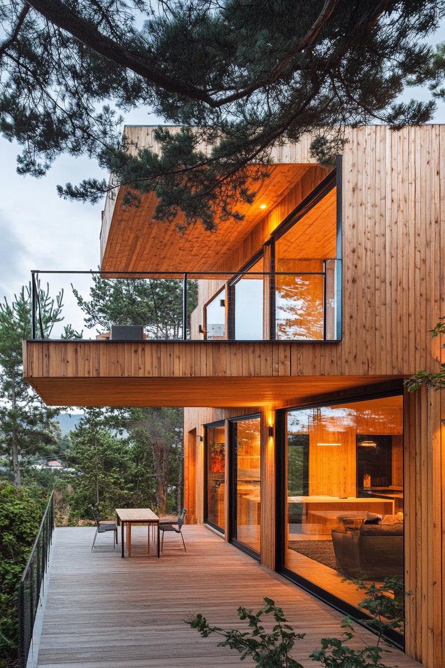 modern wood knotty pine wood house facade cantilevered hillside long narrow facade