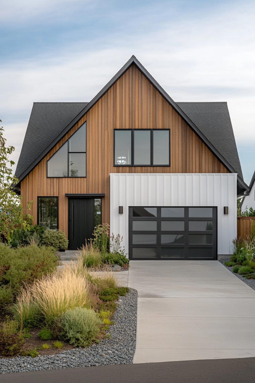 nordic house with pitched roof white stucco and wooden vertical siding garage concrete driveway gravel and shrubs 1