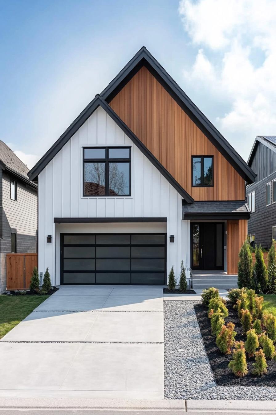 nordic house with pitched roof white stucco and wooden vertical siding garage concrete driveway gravel and shrubs