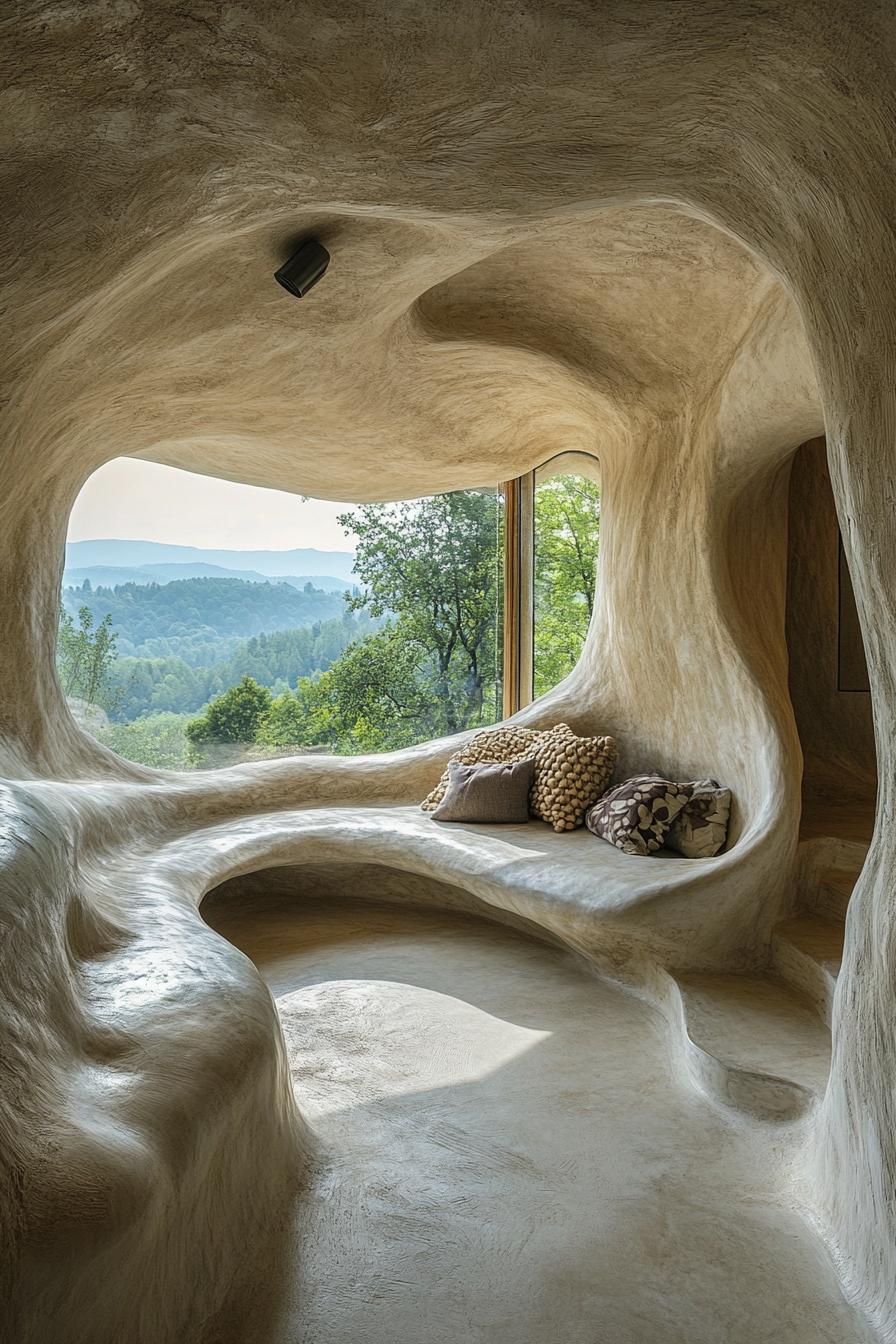 organic architecture cave house overlooking mountain forest from the inside