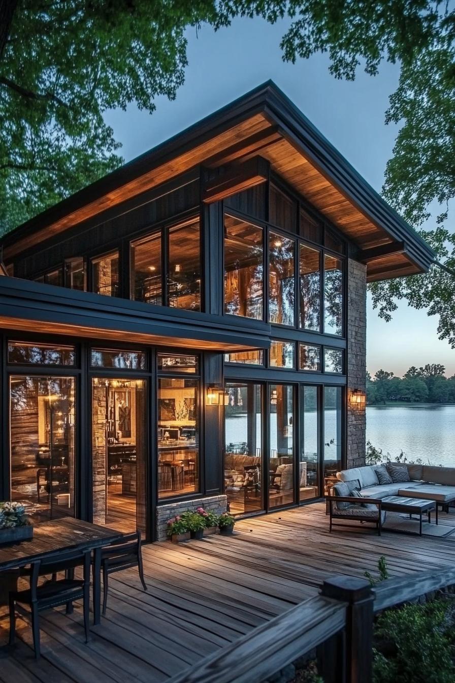 rustic modern lake house facade with glass walls framed with wood with deck facing stunning lake view 1