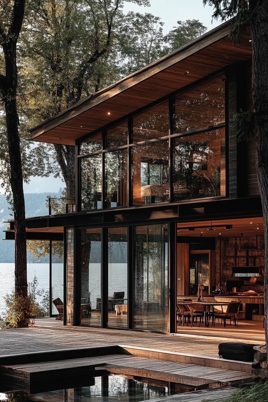 rustic modern lake house facade with glass walls framed with wood with deck facing stunning lake view 2