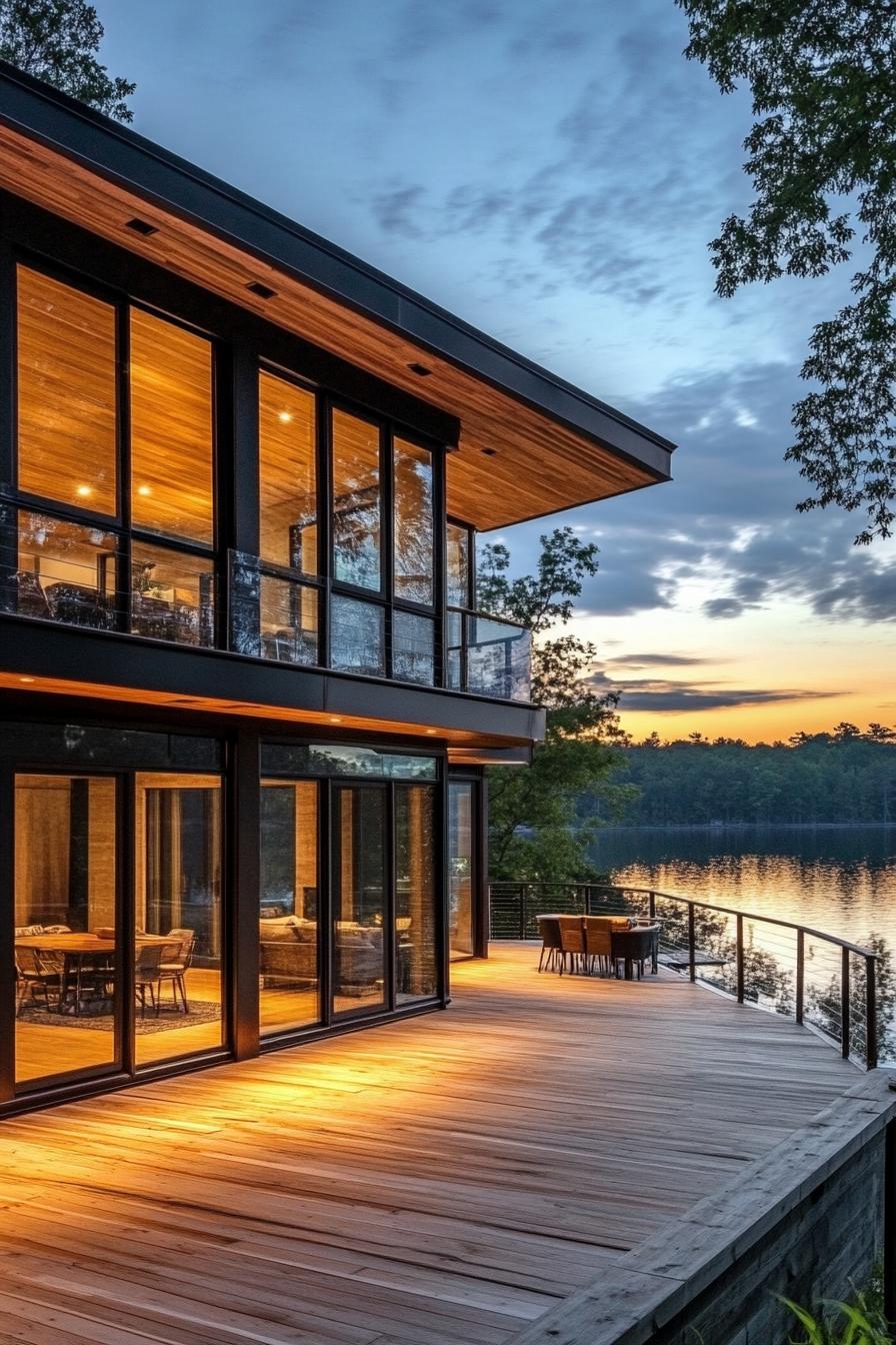 rustic modern lake house facade with glass walls framed with wood with deck facing stunning lake view 3