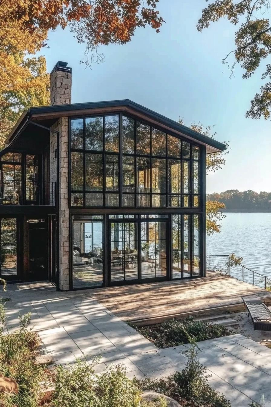 rustic modern lake house facade with glass walls framed with wood with deck facing stunning lake view