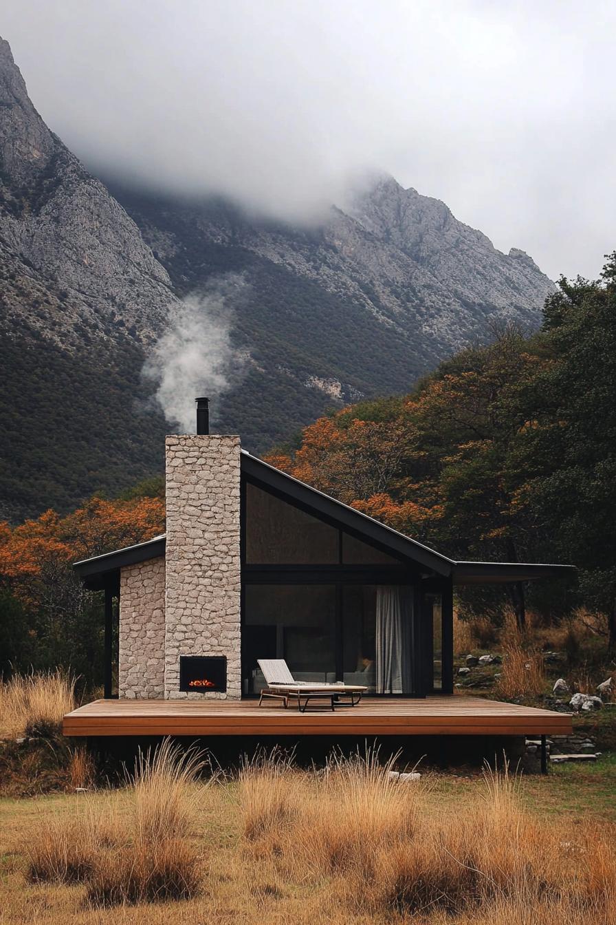 small modern cottage with chimney with deck imposing mountain in the background 1