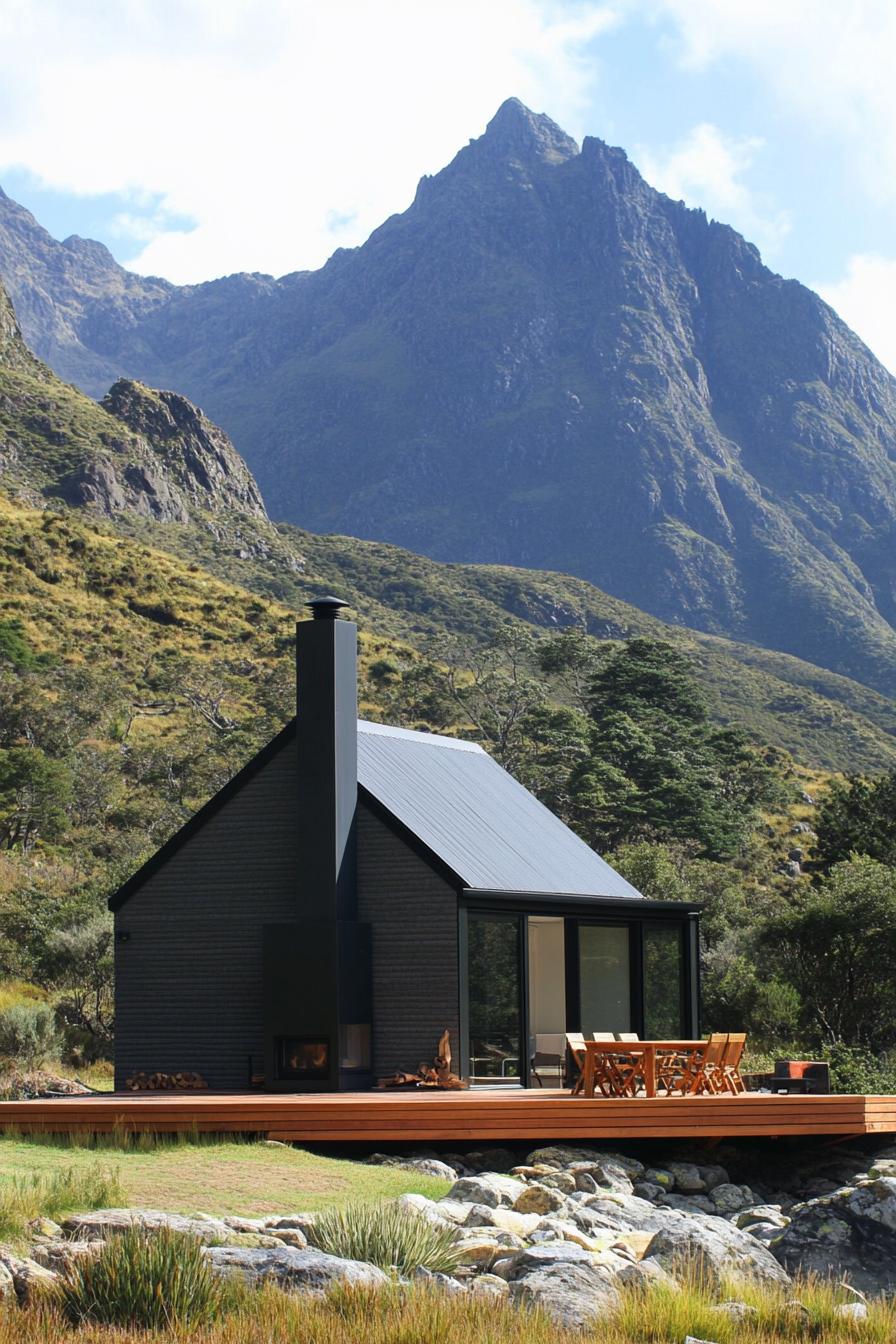 small modern cottage with chimney with deck imposing mountain in the background 2