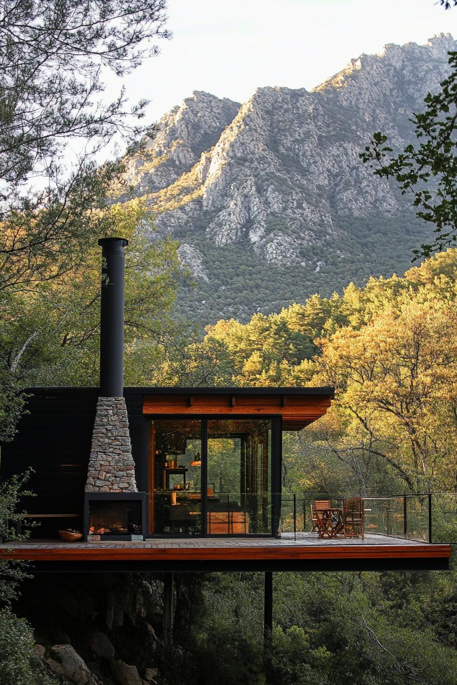 small modern cottage with chimney with deck imposing mountain in the background 3