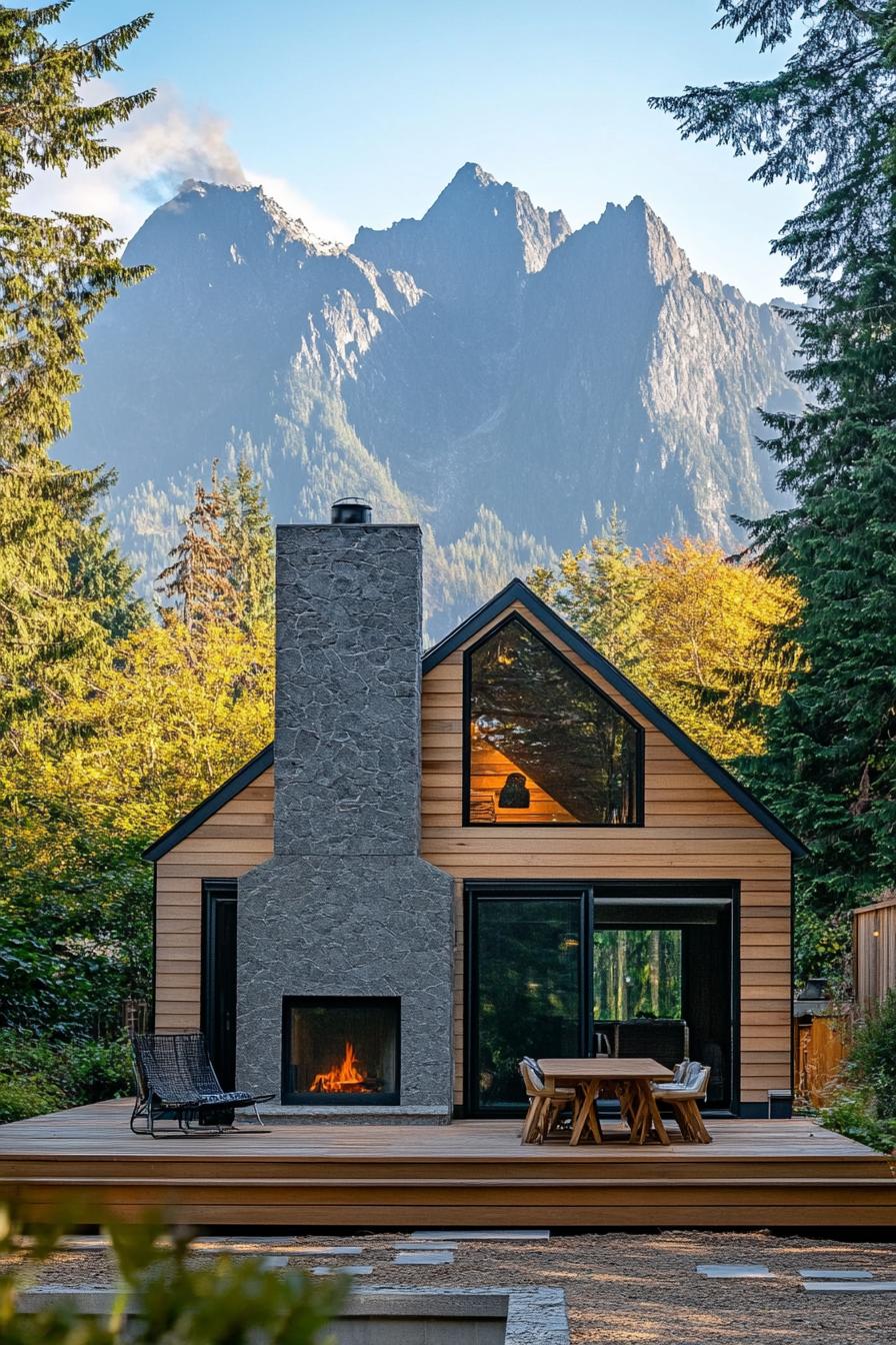 small modern cottage with chimney with deck imposing mountain in the background