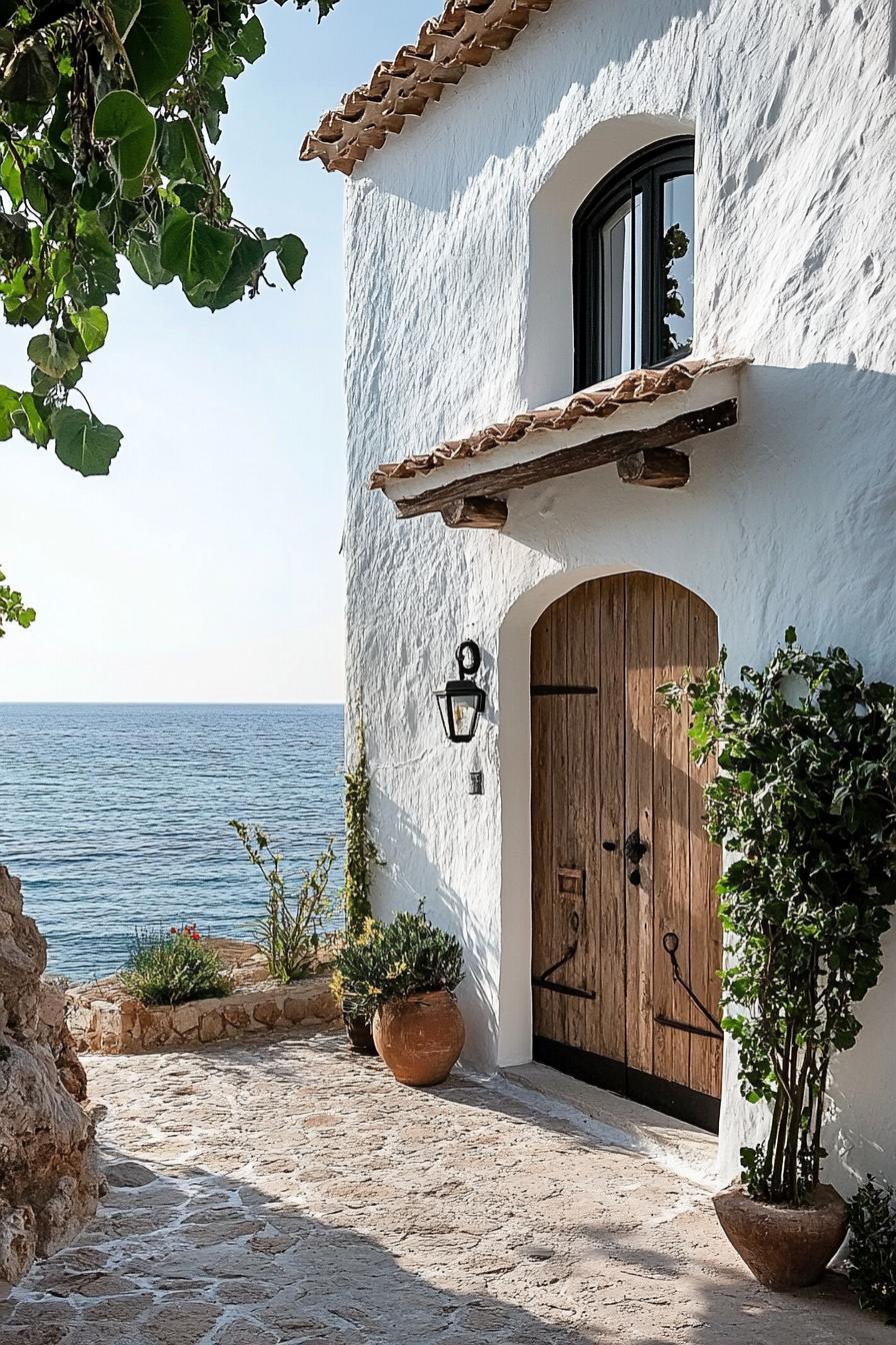 small modern mediterranean house with rustic wooden doors oceanfront town