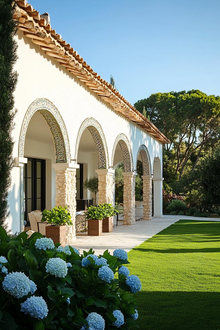 spanish mediterranean house with arches mosaic facade green grass garden with hydrangeas 1