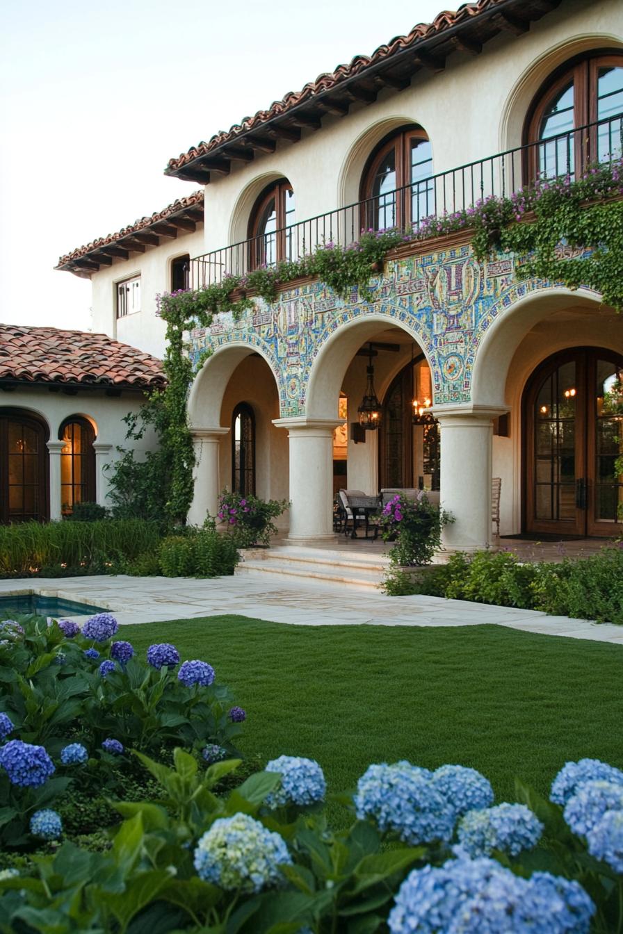 spanish mediterranean house with arches mosaic facade green grass garden with hydrangeas 2