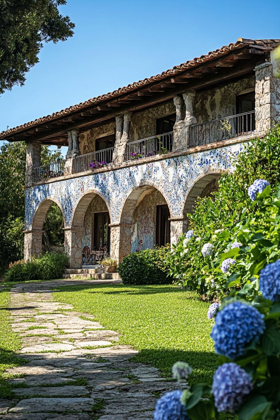 spanish mediterranean house with arches mosaic facade green grass garden with hydrangeas 3