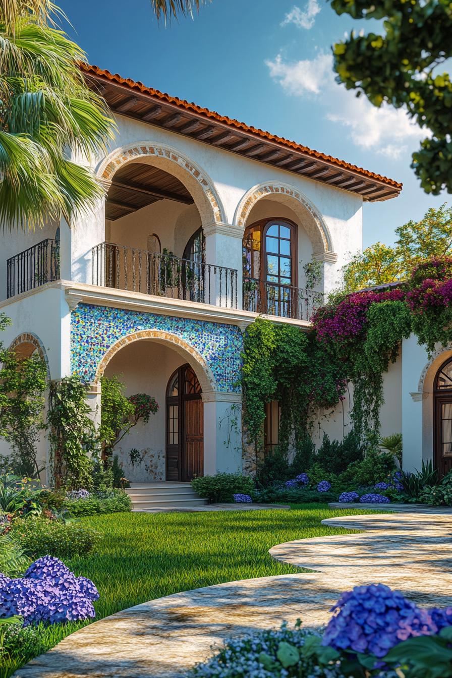 spanish mediterranean house with arches mosaic facade green grass garden with hydrangeas