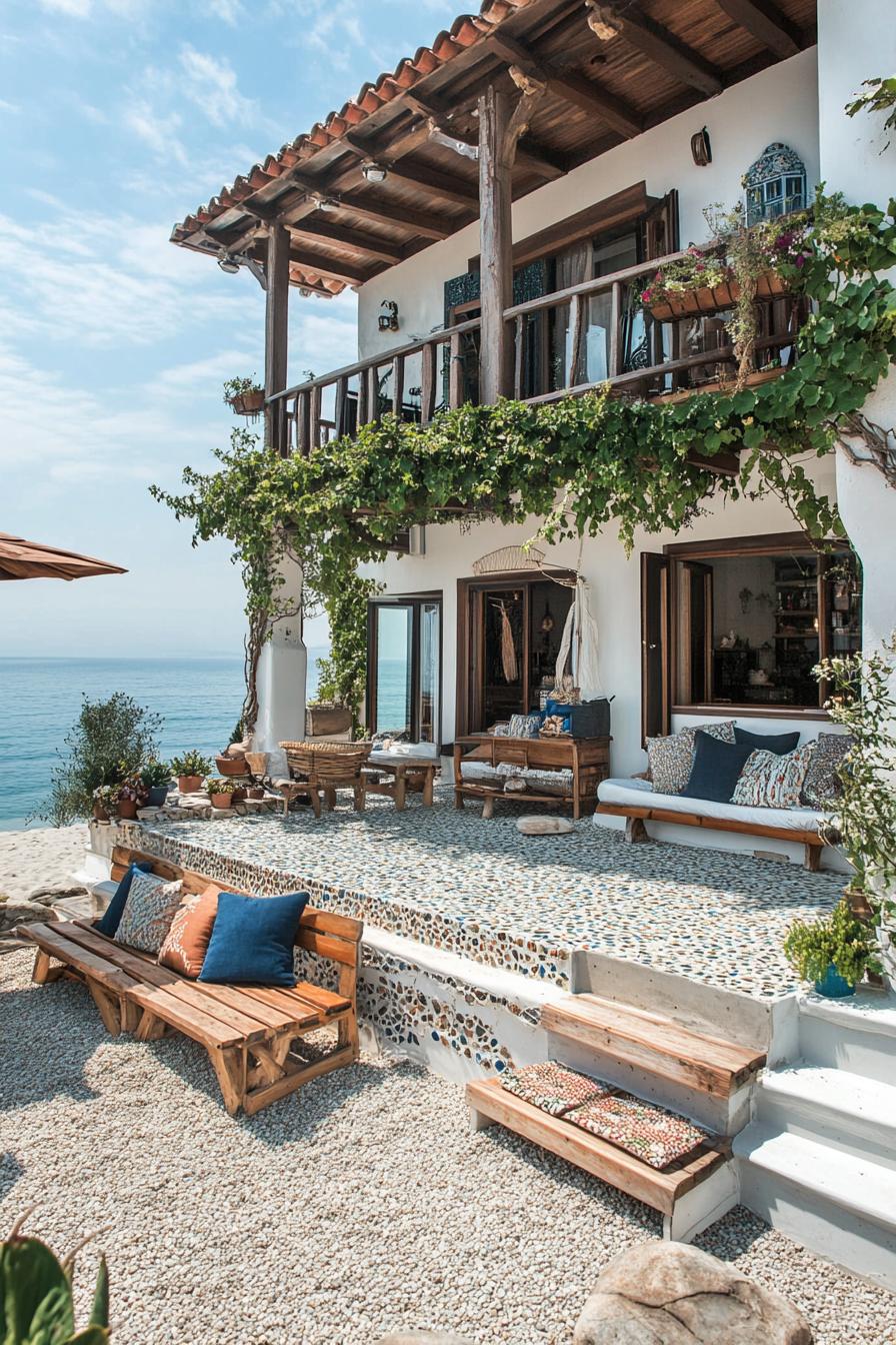 tiny mediterranean beach front house with white and stone mosaic facade wooden porch with vines stone deck with steps gravel terrace downstais with