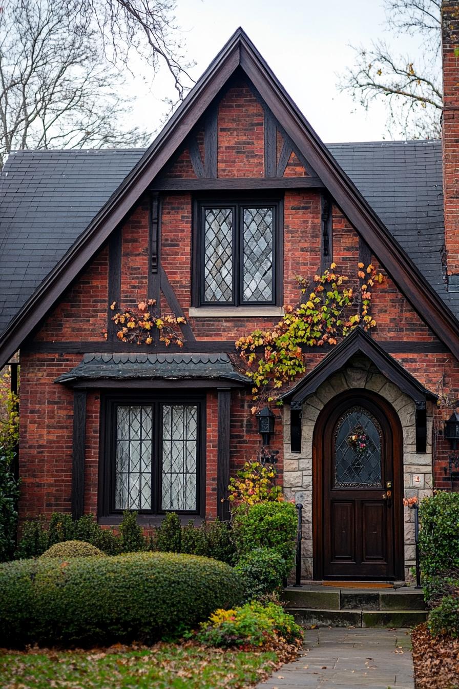 tiny tudor style cottage with red brick facade ornate wood detailing with vine flowers accent color window trim modern door with glass panels