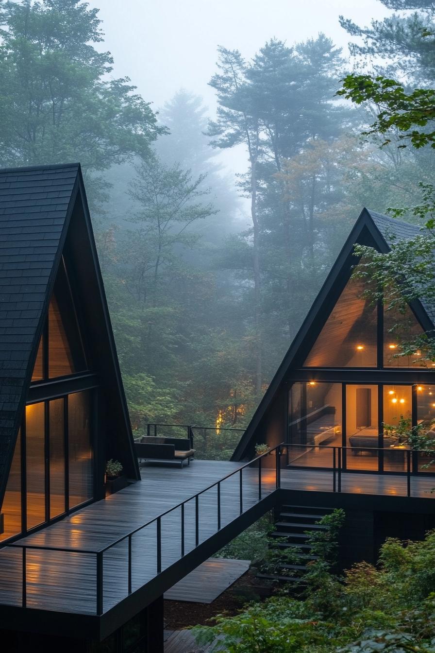 two connected modern a frame houses full glass walls with black roofs wheathered grey wood shared deck with steps and with black metal railings 1