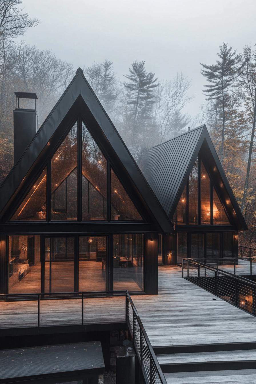 two connected modern a frame houses full glass walls with black roofs wheathered grey wood shared deck with steps and with black metal railings 2