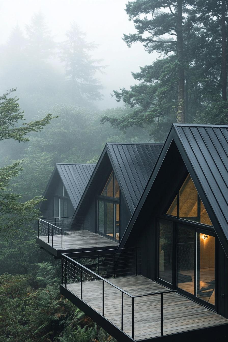 two connected modern a frame houses full glass walls with black roofs wheathered grey wood shared deck with steps and with black metal railings 3