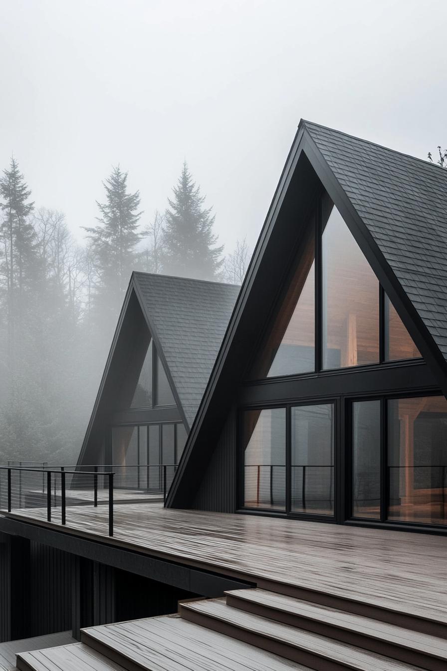 two connected modern a frame houses full glass walls with black roofs wheathered grey wood shared deck with steps and with black metal railings