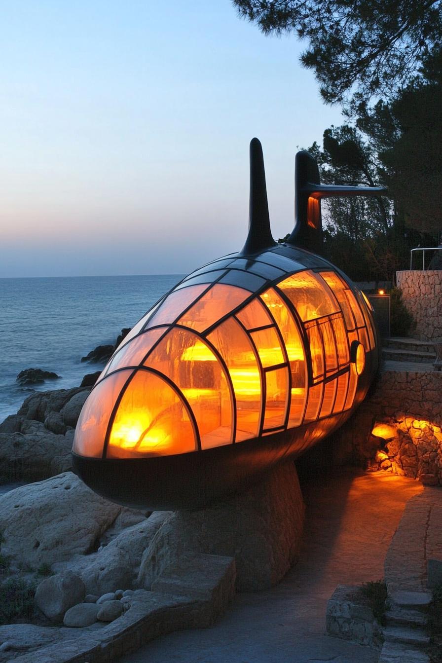 unusual glass house facade in shape of a submarine on beachfront 1