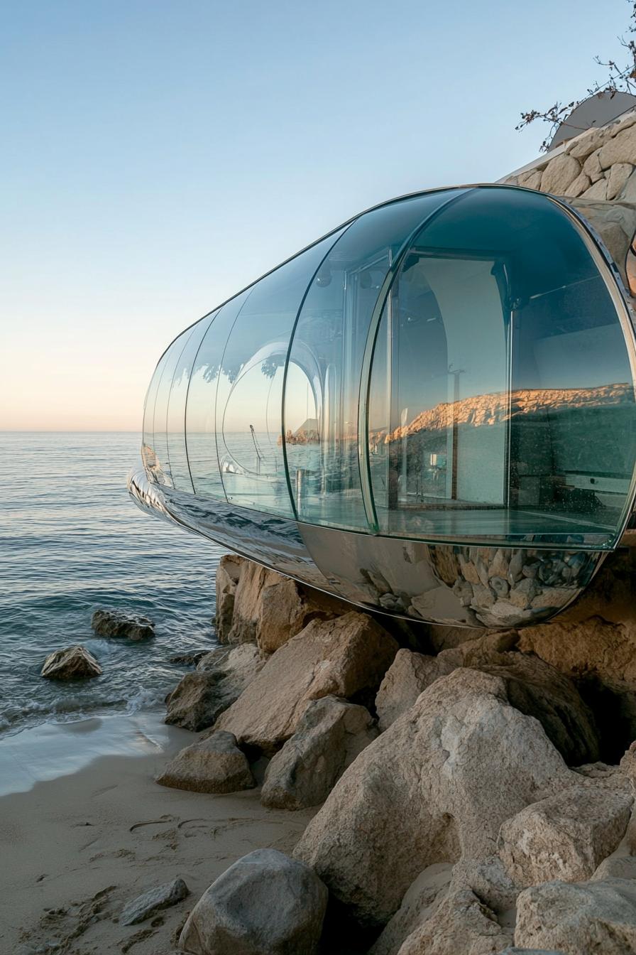 unusual glass house facade in shape of a submarine on beachfront 2