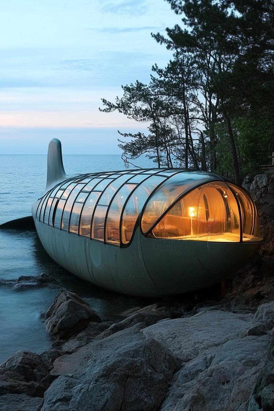 unusual glass house facade in shape of a submarine on beachfront 3